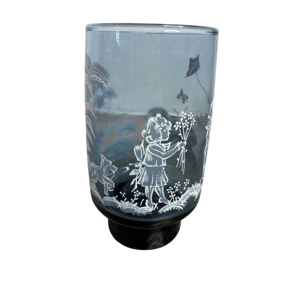 Vintage Libbey Blue Glass With Mary Gregory White Etched Design 12oz
